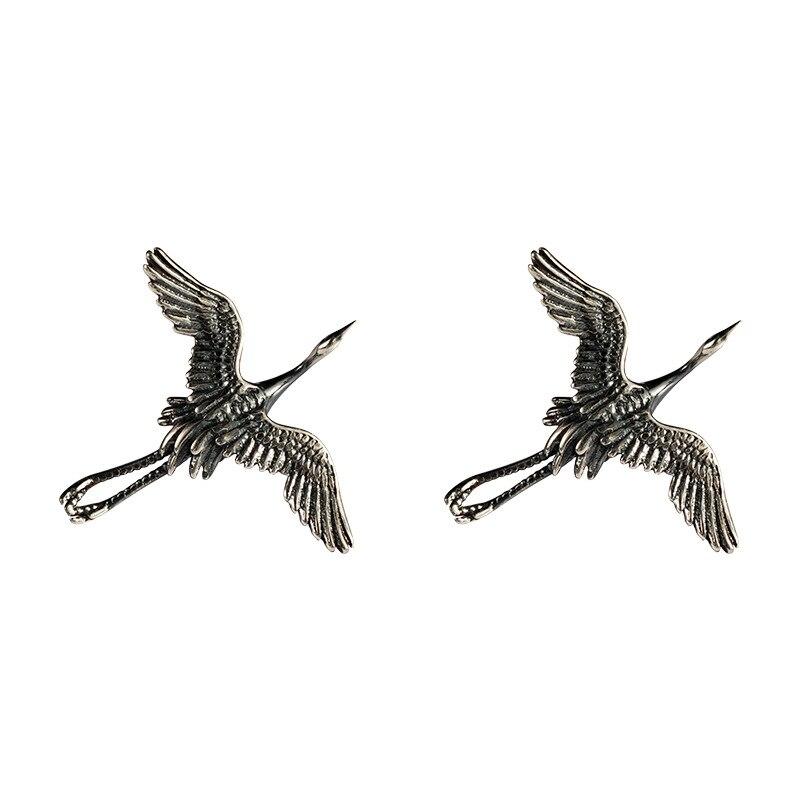Real 925 Sterling Silver Crane Shape Stud Earrings for Girls Chinese Ethnic Style Bird Small Earrings Ear Piercing Jewelry EH126