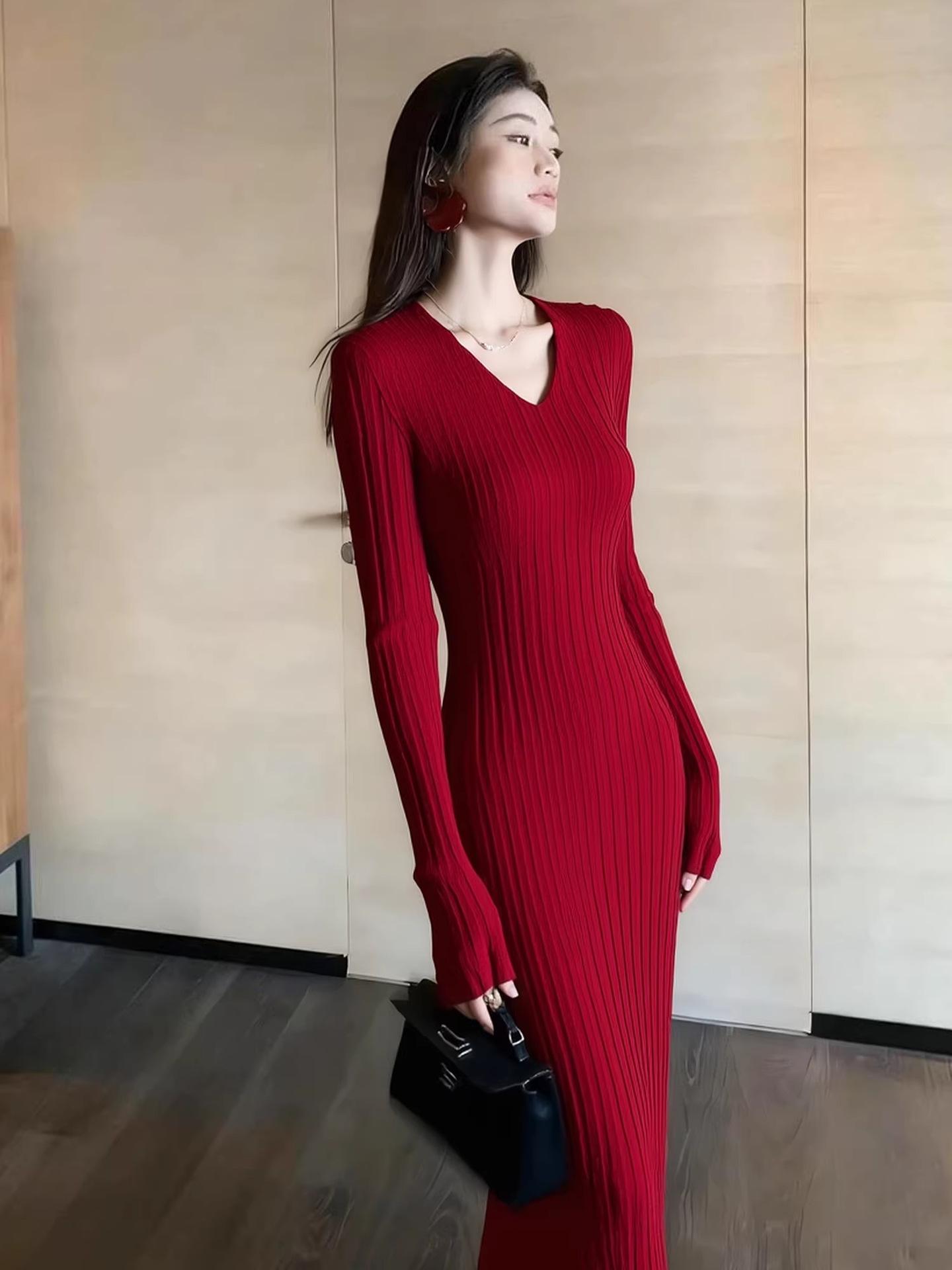 Women s 2026 Red V-neck Knit Bodycon Dress - Autumn/Winter Slim Fit Long Dress Extra Large
