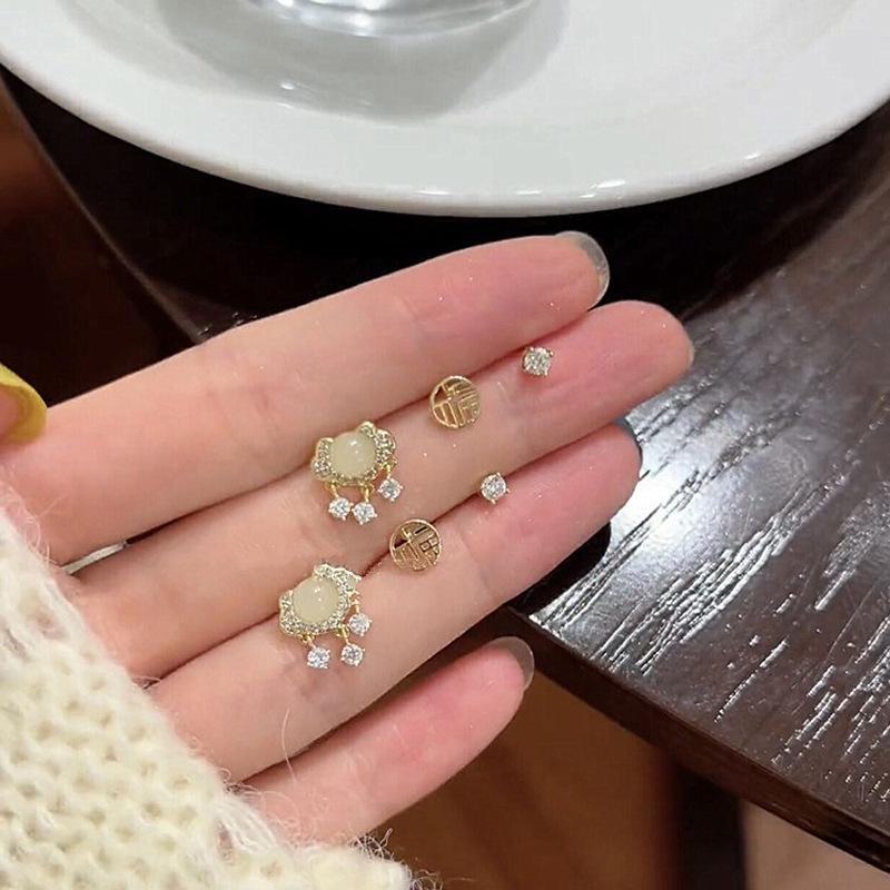 Elegant Zircon Peace Lock Earrings Set: Shiny Chinese Style for Women, Comfortable Enough To Wear While Sleeping