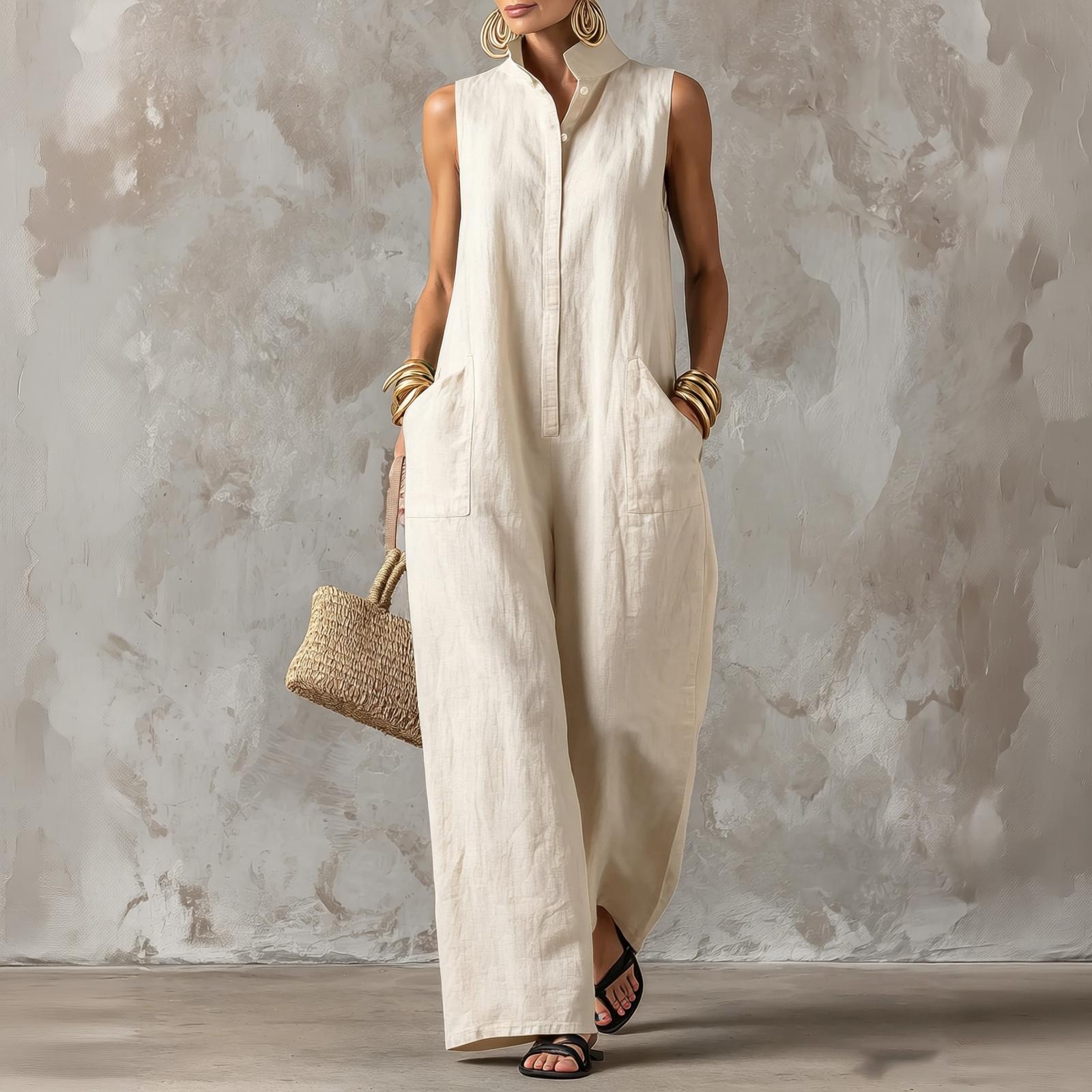 Ärmelloser Leinen-Jumpsuit für Damen Stehkragen Knopfleiste Lockerer Schnitt Weite Hosen Casual Urlaubsbekleidung XXXL beige