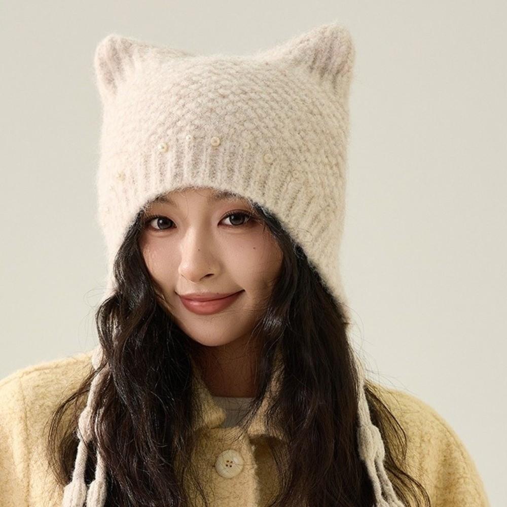 Windproof Cat Ear Beanie Pearl Tassel Ear Protection Hat Y2K Aesthetic Knit Earflap Hat for Women