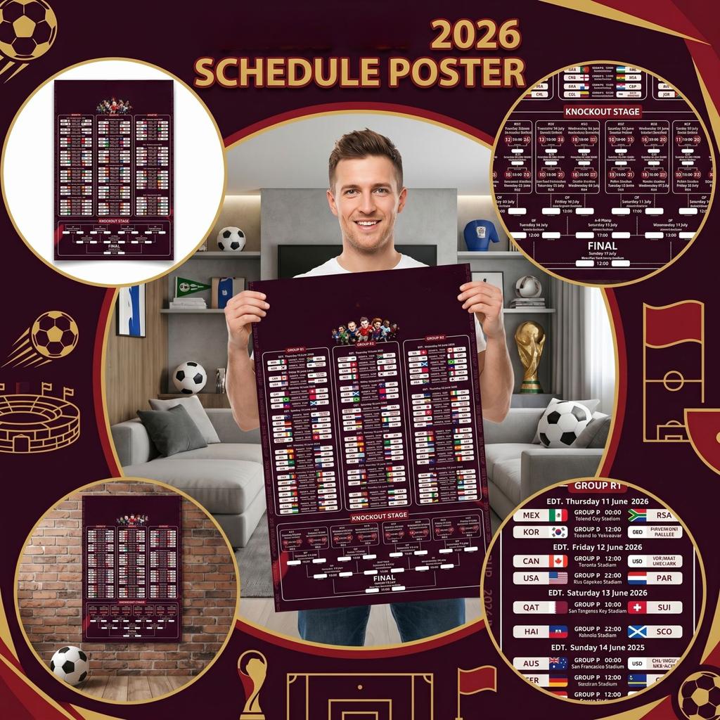 2026 World Cup Schedule Poster Soccer Tournament Match Fixtures Knockout Stage Bracket Wall Sticker for Sports Fans Room Decoration