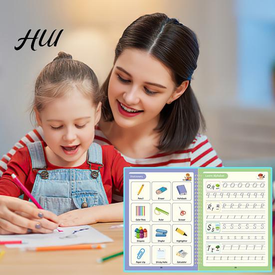 Kids Writing Practice 4Pcs Grooved Book with Pens Refills Pencil Gripper Reusable Handwriting Workbooks Alphabet Tracing Learning Children Workbook