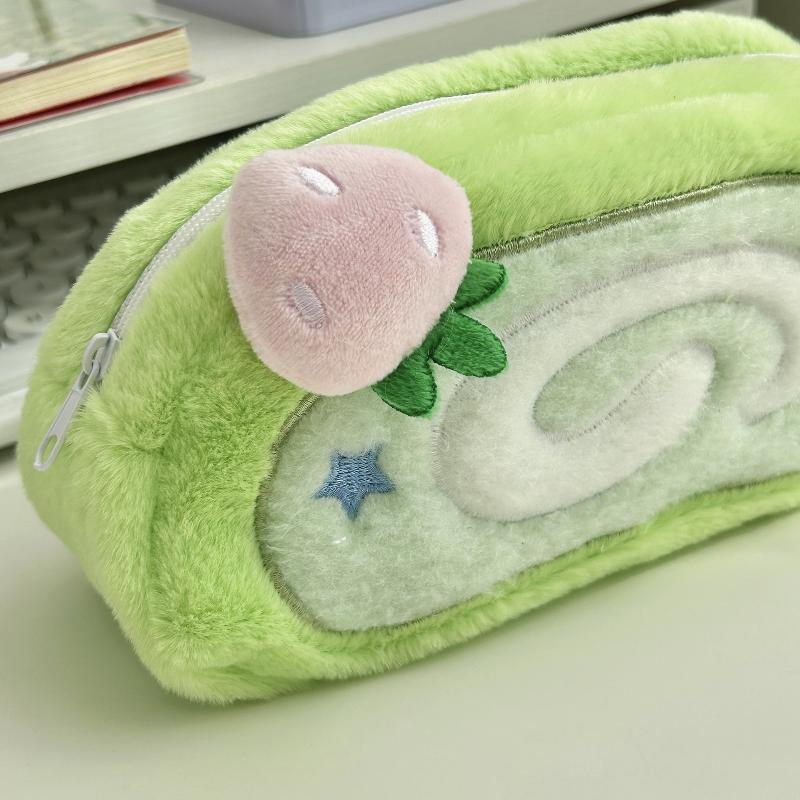 Kawaii Cake Roll Plush Pencil Case with Strawberry Pendant Large Capacity Stationery Organizer for Middle School Students