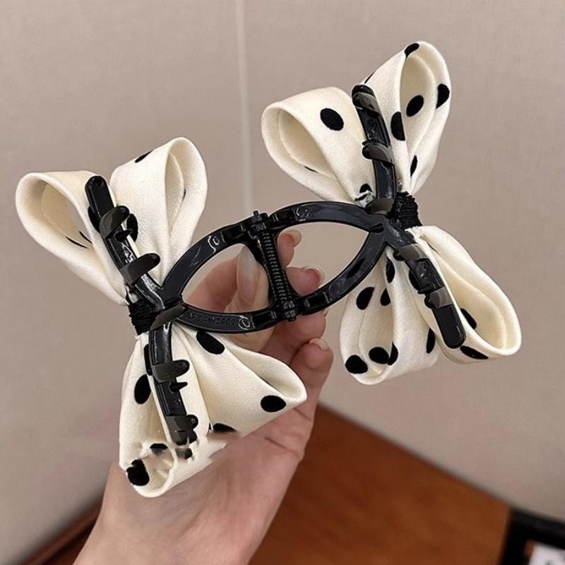 High-grade polka dot bow hairclip claw for women elegant shark clip high ponytail hairpin back of head clip
