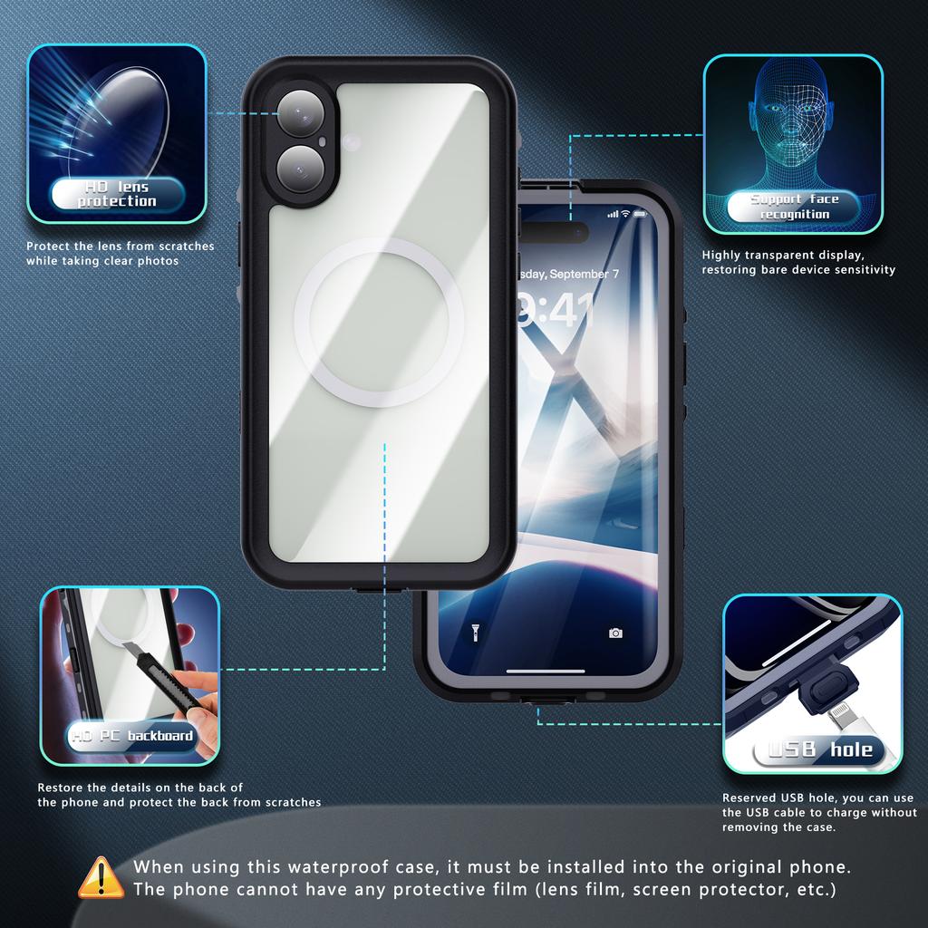 For Summer Magnetic Wireless Charging Waterproof Case for iPhone 16 15 11Pro Max Sealed Swimming Bag Rugged Cover 16e In Stock