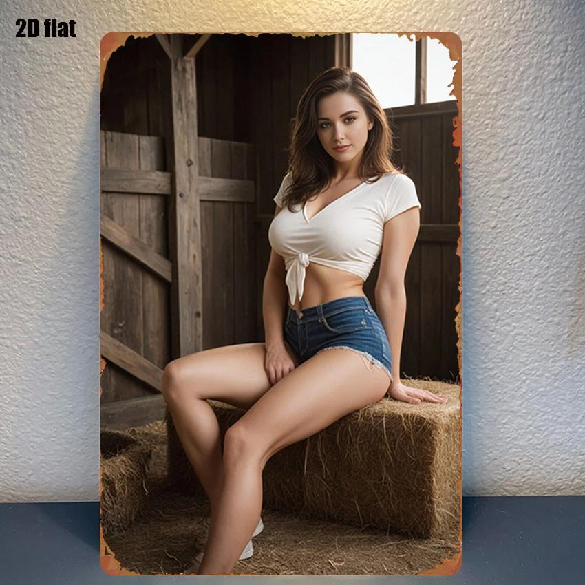 Hisun Blechschild HD Metallblechschild Bauernhausstil Weißes Crop Top Jeansshorts Schönheit Vintage Wandkunst Dekor für Man Cave Bar Zuhause