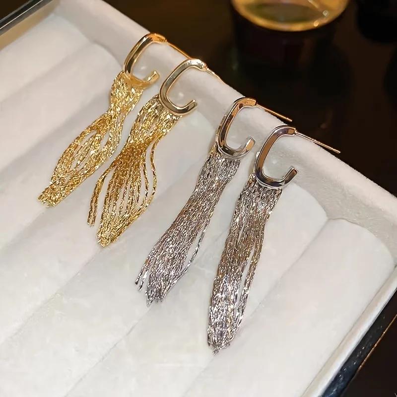 G Shape Tassel Earrings, Geometric Fringe Hoops, Light Luxury Gold Plated Silver Post, Long Lasting Color Gift for Women
