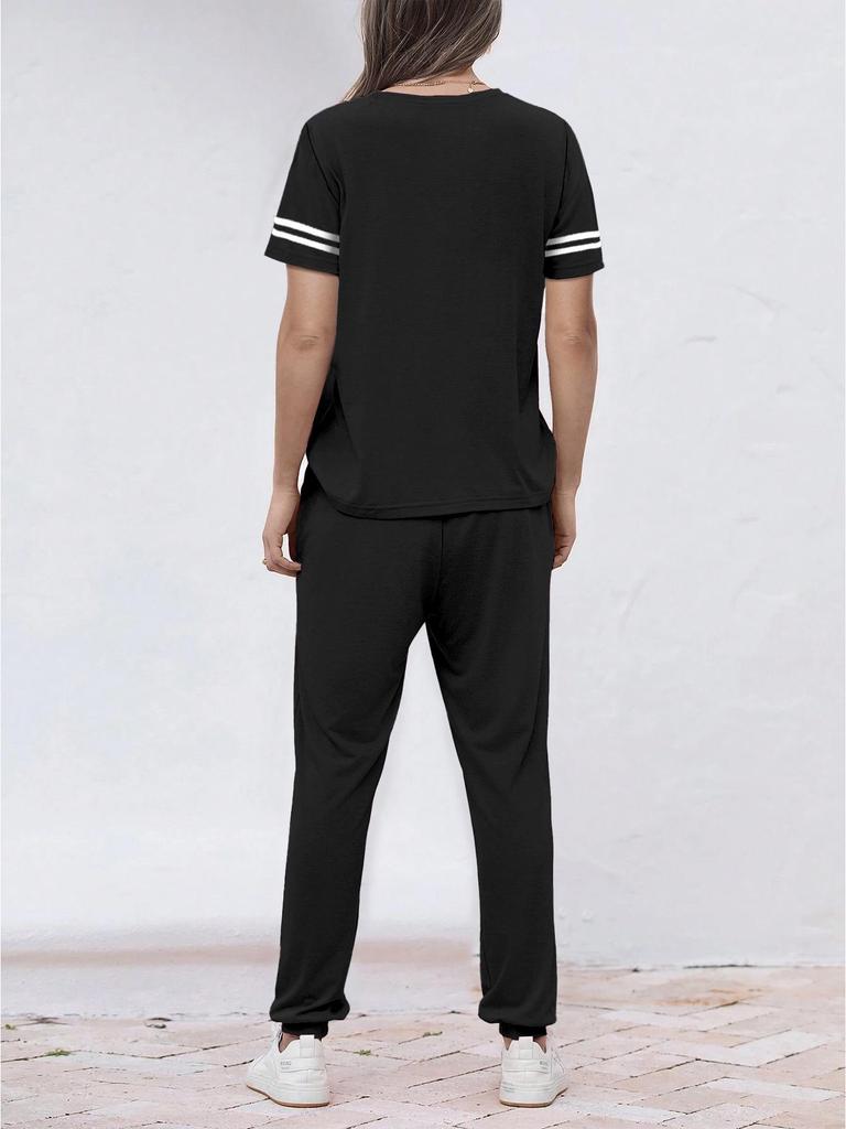 Round Neck Short Sleeve Loose Top & Lace-up Jogger Pants Women's Two-Piece Set
