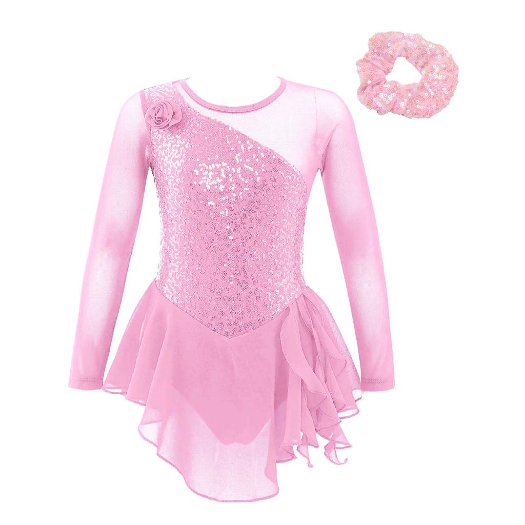 Vestido de Baile para Niñas Manga Larga Escote Redondo Decoración de Lentejuelas Flor Delantera Espalda Hueca Traje de Actuación