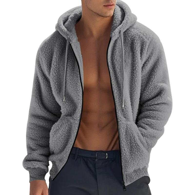 

Jacket Zipper Loose Cardigan Casual Hooded Jacket Men s Autumn and Winter Thickened Warm Double-sided Fleece S серый