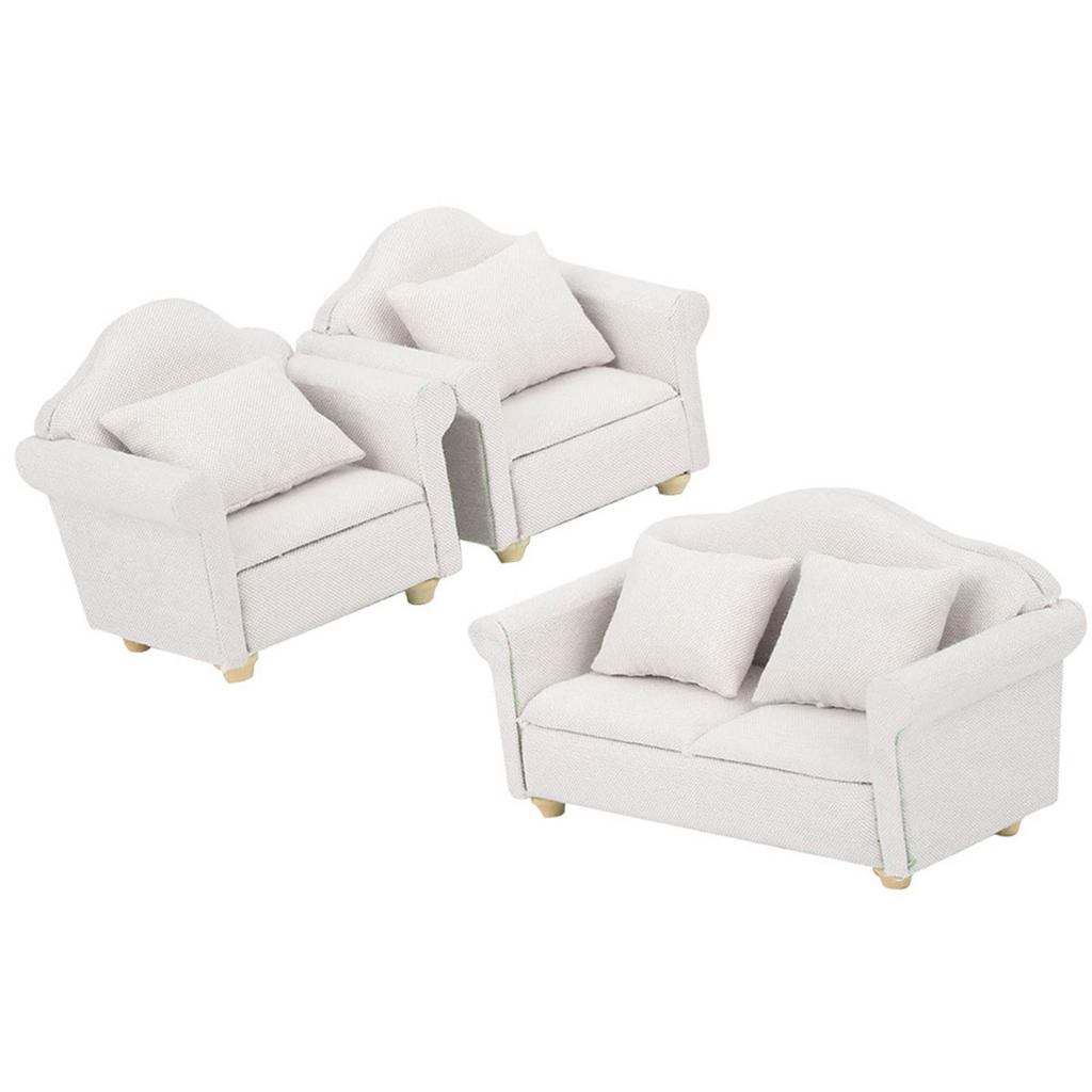 3Pcs 1:12 Mini Doll House Plaid Sofa Cushion Set Accessory Room Furniture ToyWhite