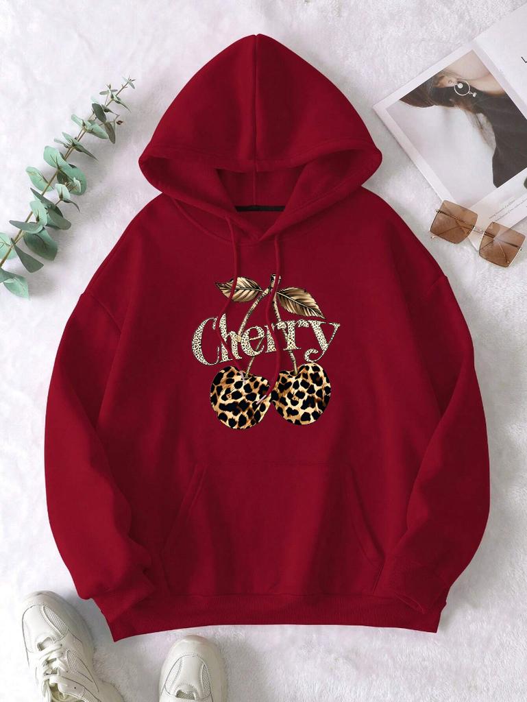 Leopard Cherry Creative Printing Hoodies Women Fleece All-Match Streetwear Y2K Pocket Hoody Autumn Casual Woman Clothing