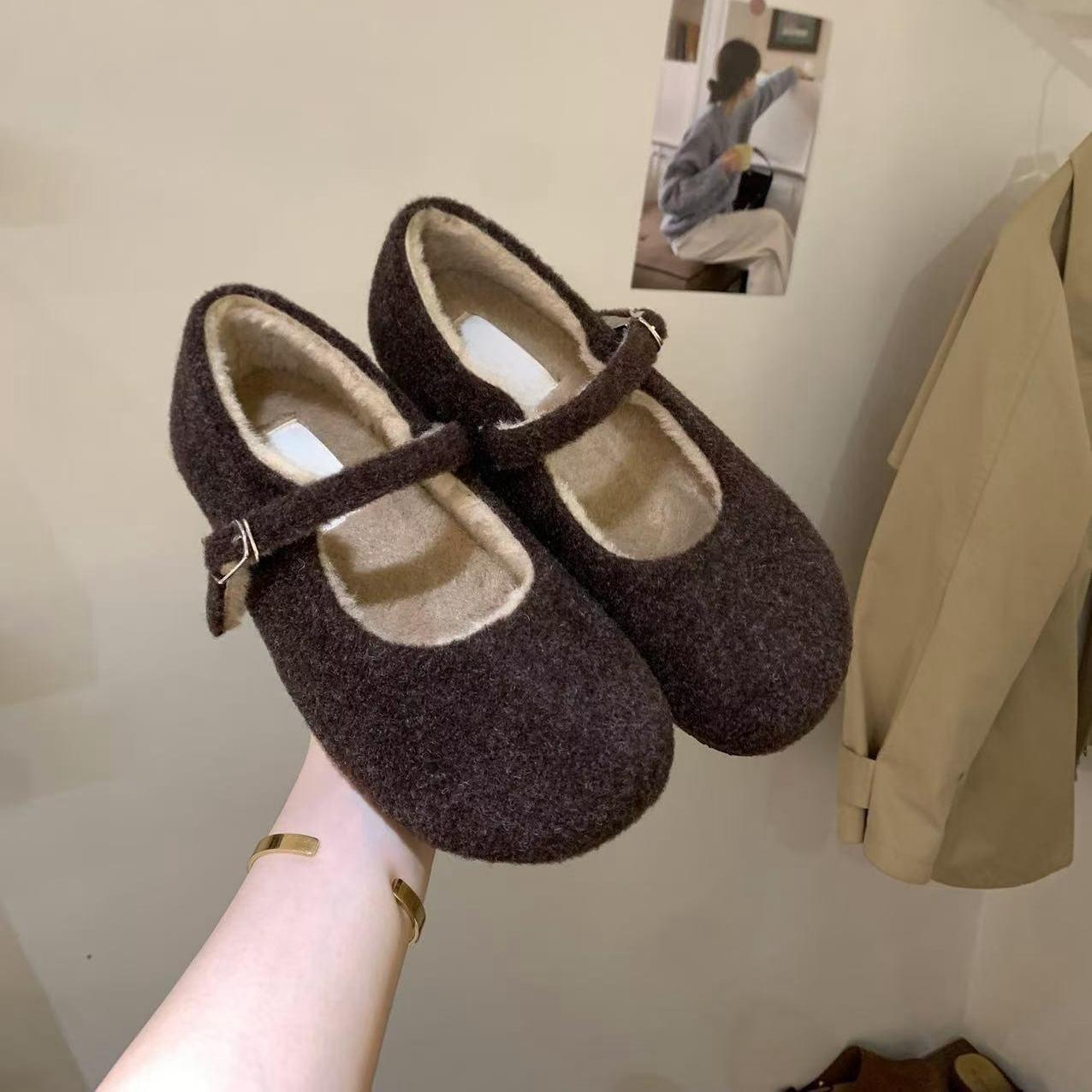 

Туфли на толстой подошве, пушистые, женская обувь, новинка 2025 года, бархатные, теплые, хлопковые туфли, универсальные, туфли Мэри Джейн 40