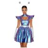 Womens Alien Astronaut Cosplay Dress with Gloves and Hair Loop Set Cutout Neck Metallic Shiny Dress for Halloween Spaced Themed Party