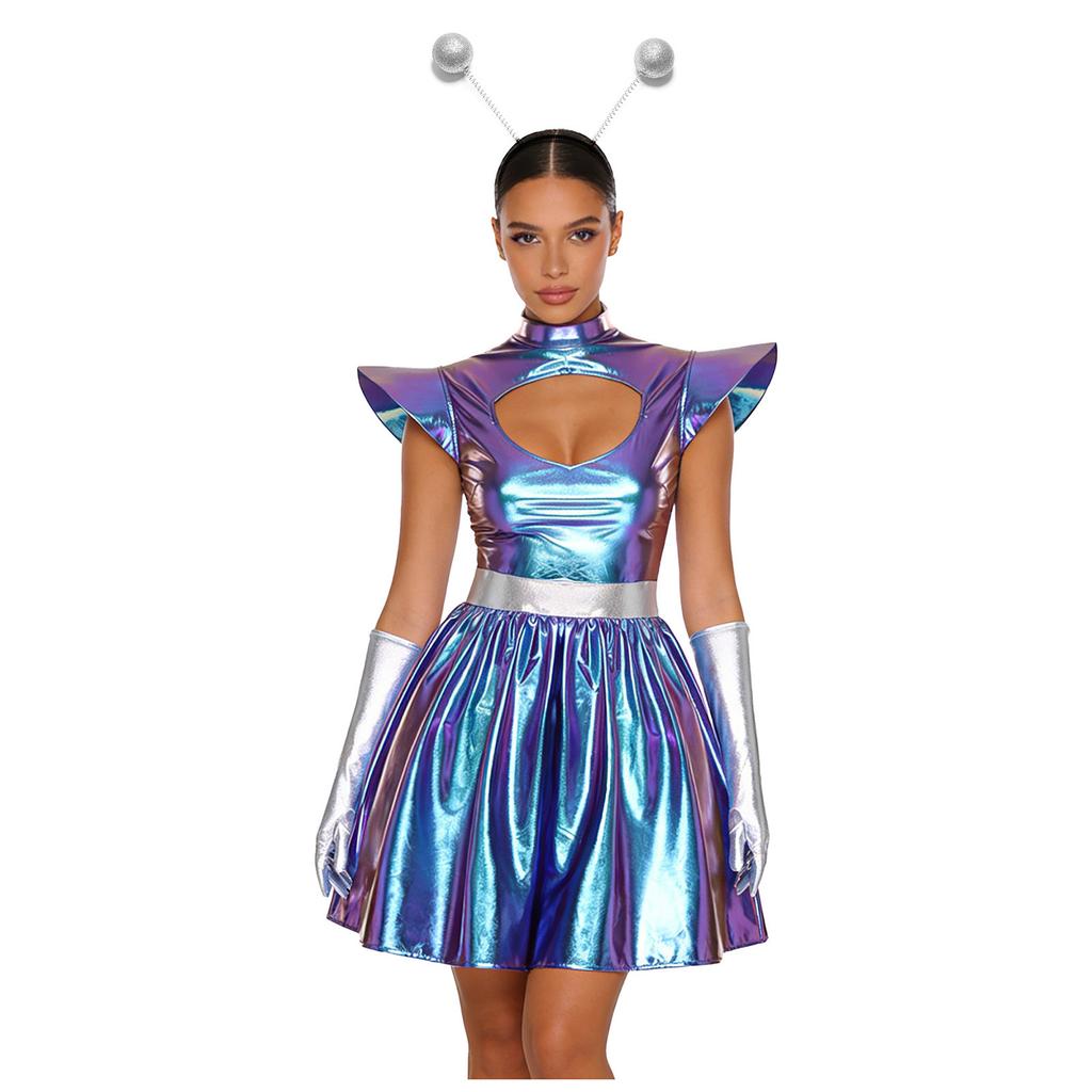 Womens Alien Astronaut Cosplay Dress with Gloves and Hair Loop Set Cutout Neck Metallic Shiny Dress for Halloween Spaced Themed Party