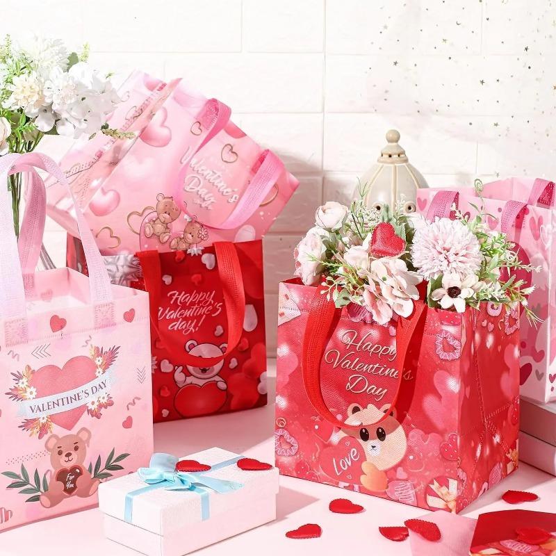 12-24PCS Reusable Valentines Gift Bag Non Woven Fabric Pink Heart  Handle Tote Foldable for Party Wedding Birthday Packaging