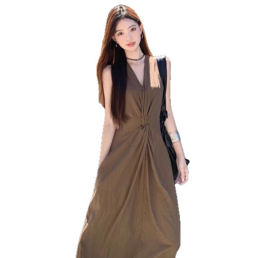 French gauge kinky dress women's summer retro temperament waist and thin sleeveless seaside vest A-shaped long dress