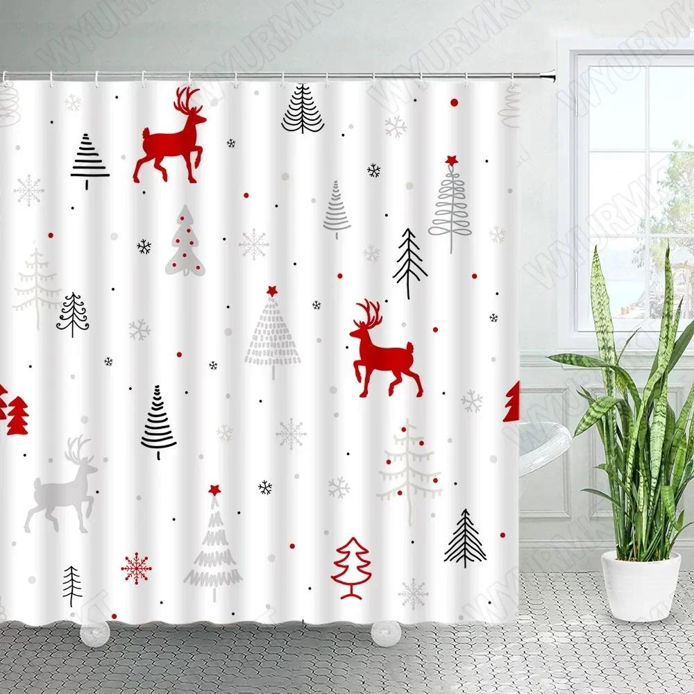 Christmas Shower Curtains Creative Xmas Tree Elk Snowflake Buffalo Plaid New Year Holiday Fabric Bathroom Decor Bath Curtai.