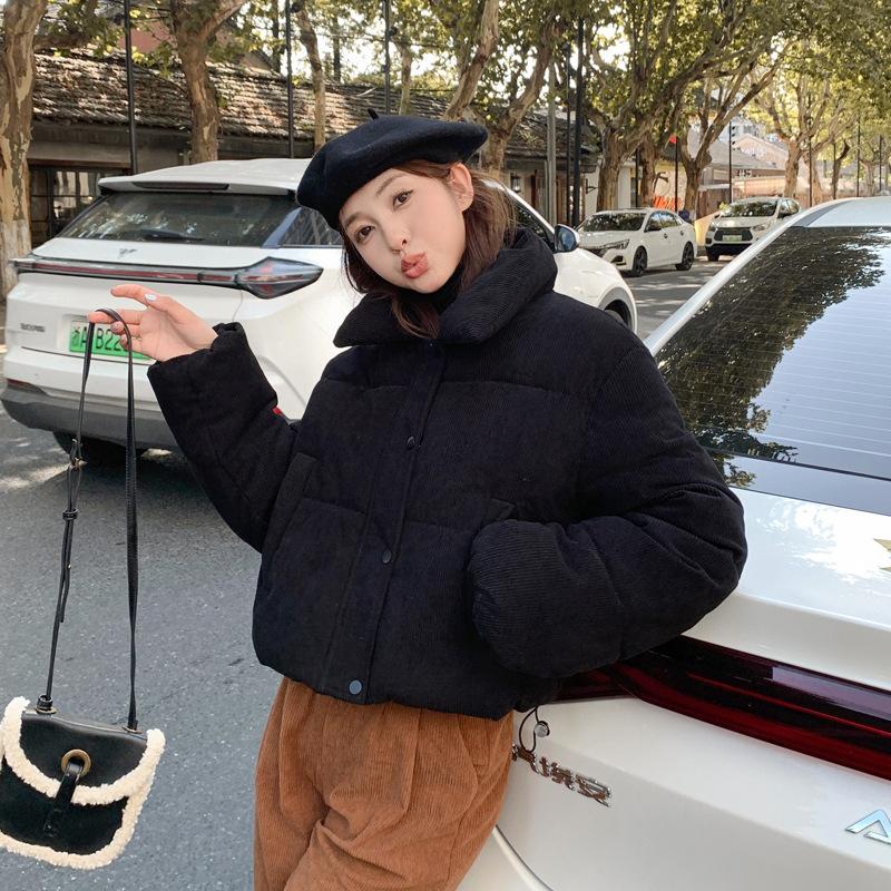 

Corduroy down cotton clothes niche chic padded jacket women s autumn and winter small high waist short cotton clothes S чёрный