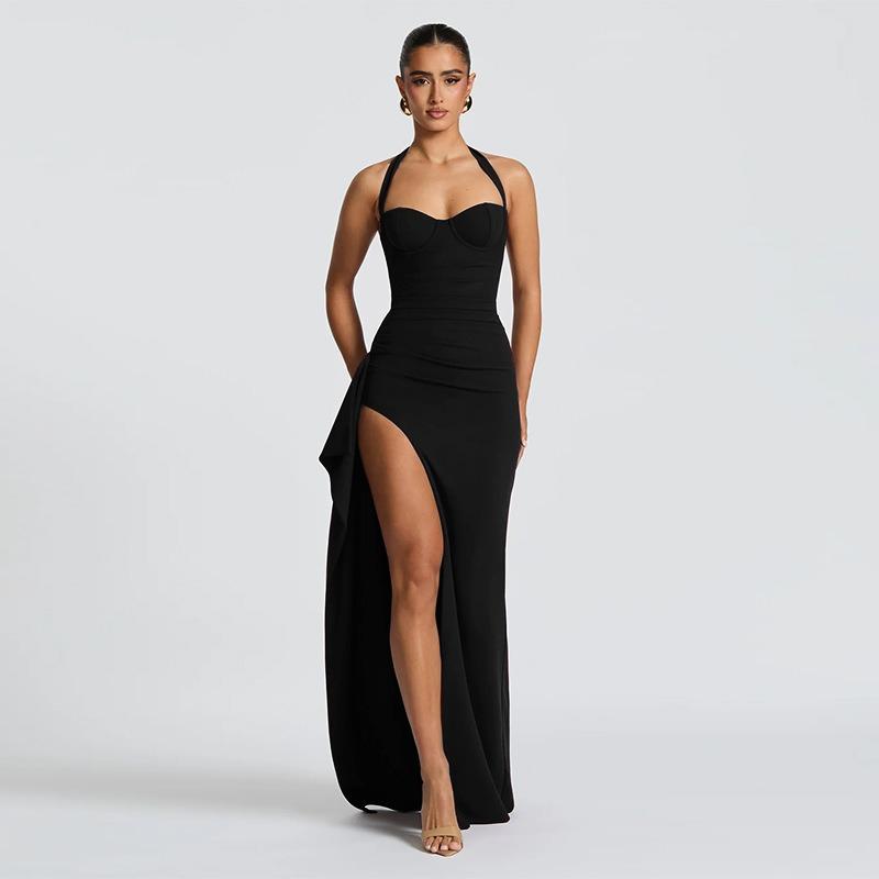 Women S European American Style Halter Strappy Solid Color Slit Long A Line Dress