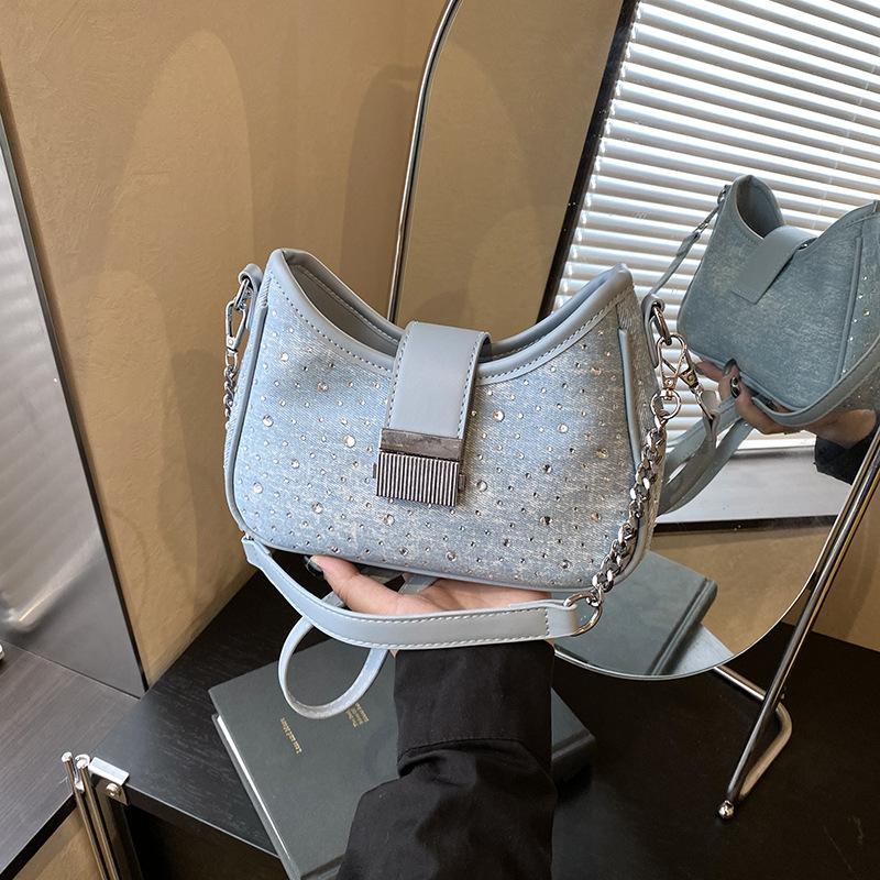 Chain Niche Bright Diamond Bag Women's New Fashion Versatile Messenger Bag Denim Shoulder Armpit Bag
