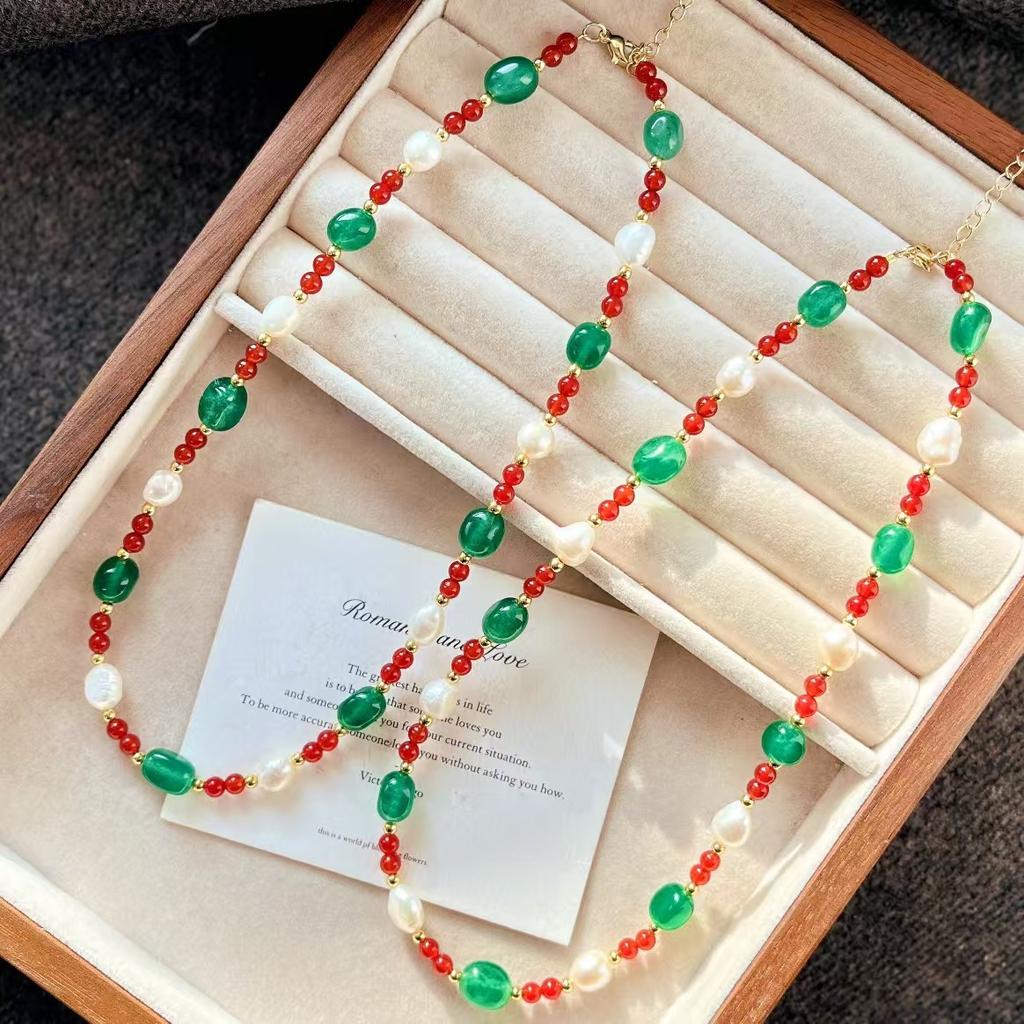 Vintage Natural Chalcedony Baroque Freshwater Pearl Grandmother Green Quartzite Necklace Clavicle Chain