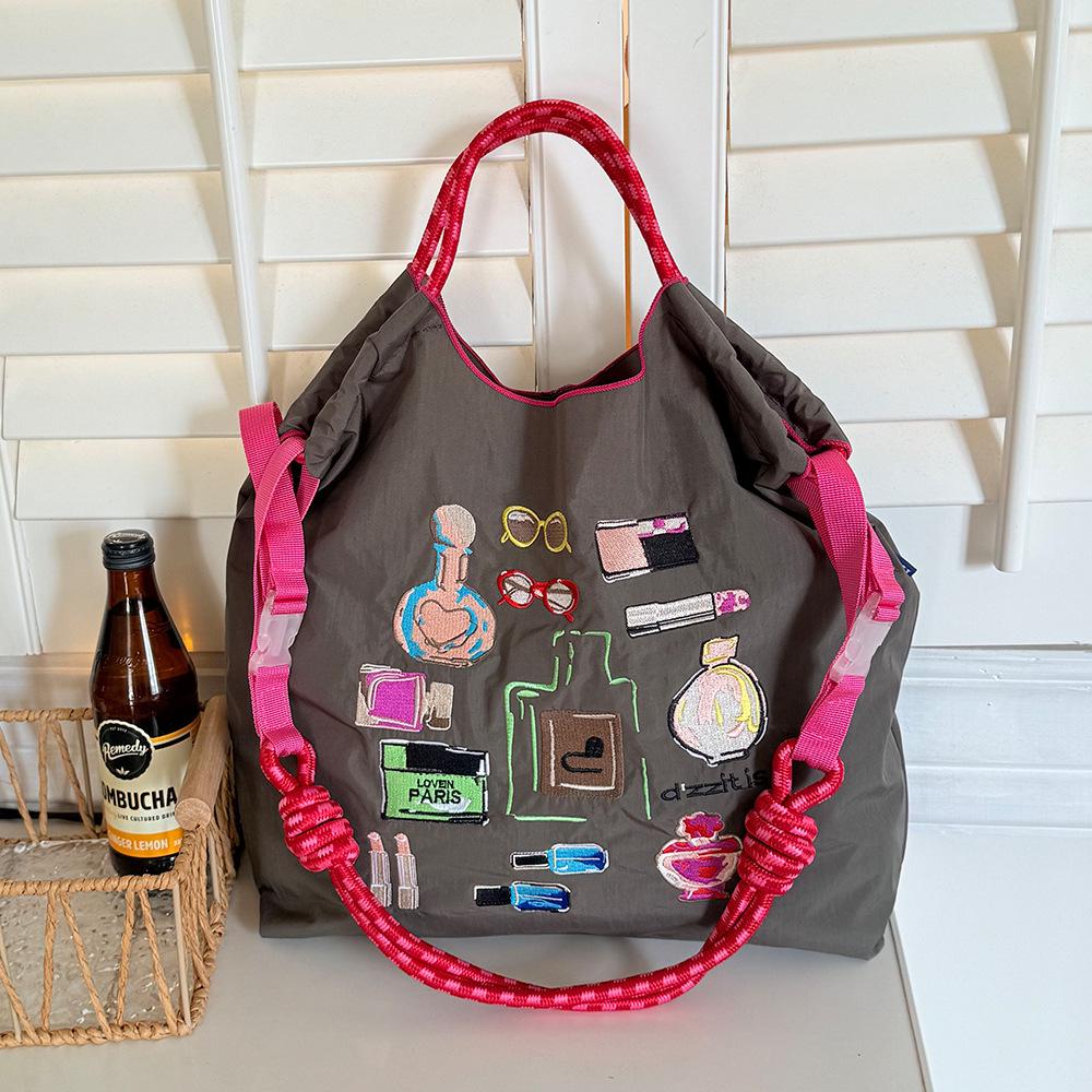 Japanese Style Handmade Waterproof Nylon Canvas Bag with Embroidered Patterns, Large Capacity