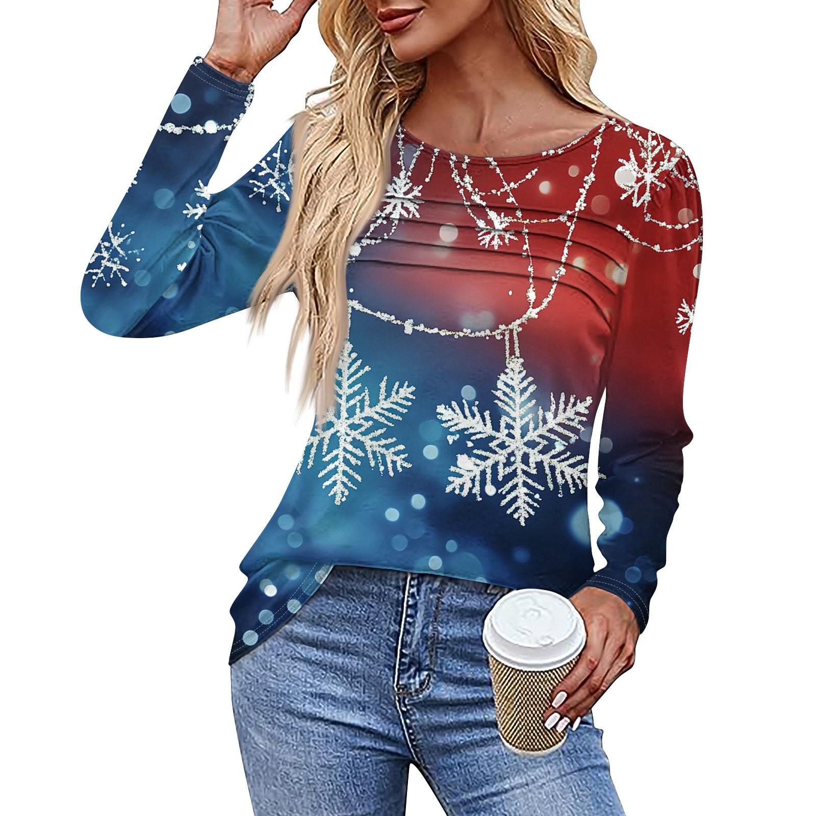 Женская повседневная модная футболка с круглым вырезом и длинными складками на Рождество — фото 3