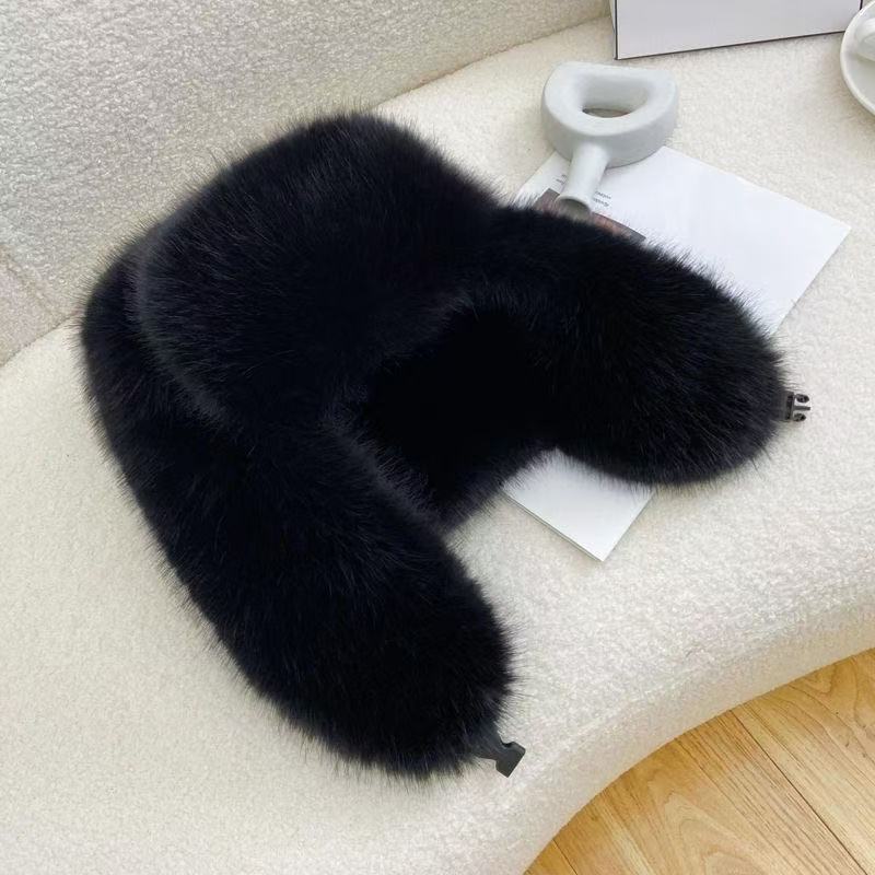 

Mao Maozi s new hat women s thickened warm hood imitation leather fox snow hat cold protection ear protection in winter чорний