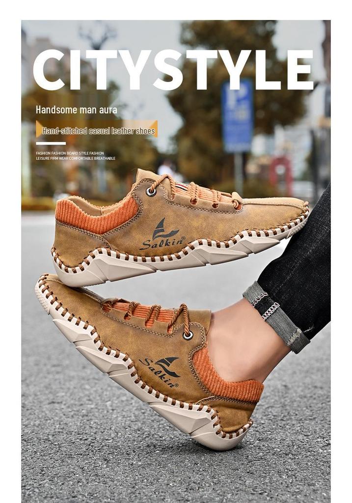Spring 2022 Men's Casual Leather Moccasins - Fashionable, Sock-Style, Large Size, Handmade Shoes