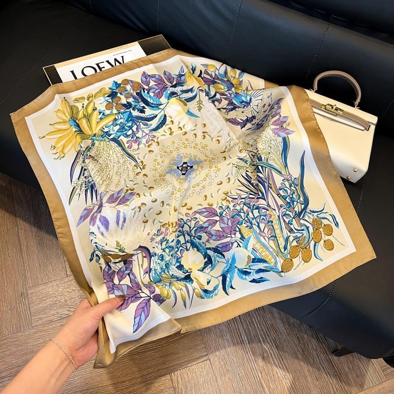 Silk scarf women's spring and autumn decoration versatile ins simple style striped square scarf streamer simulation silk fashion scarf scarf scarf