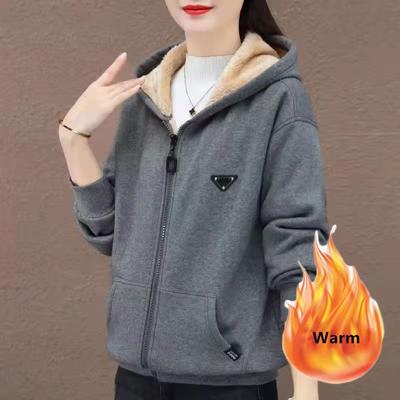 Winter Warm Casual Zip Up Fleece Hooded Faux Lambswool Lined Sweatshirt Women Loose Thick Long Sleeve Hoodies Tops