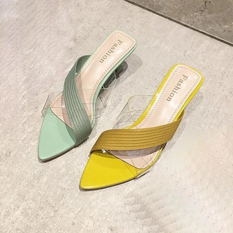 Summer Women Yellow Green Beige Pumps Sandals For Ladies Sexy Mules High Heels Slip-on Slippers Slides Shoes New 2026
