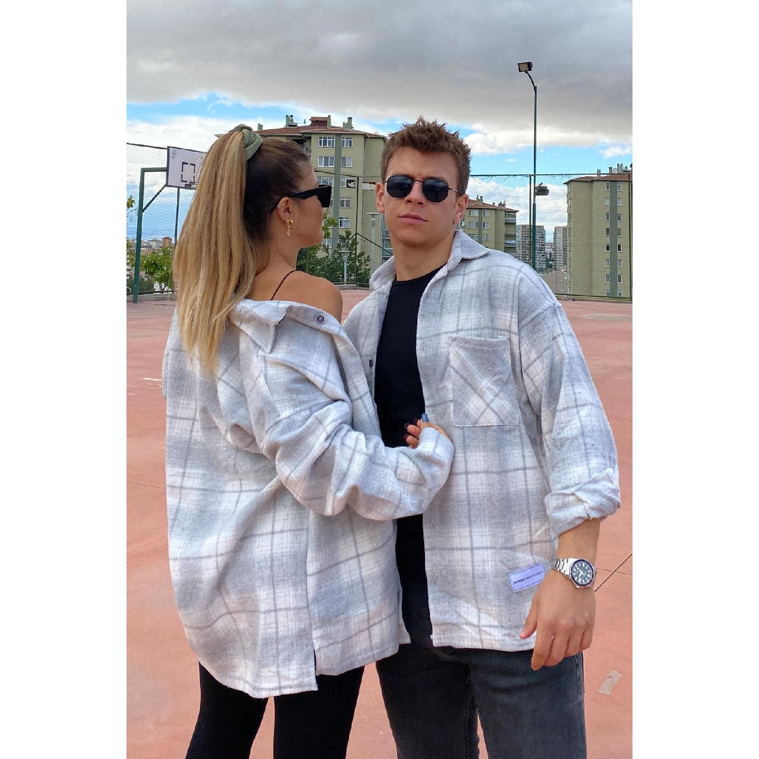 

Unisex Light Gray Oversize Single Pocket Plaid Thick Lumberjack Shirt XL