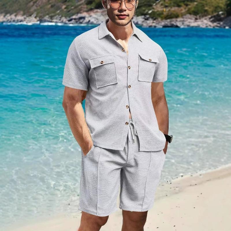 Men S Summer Workwear Short Sleeve Shirt Shorts Loose Waffle Set