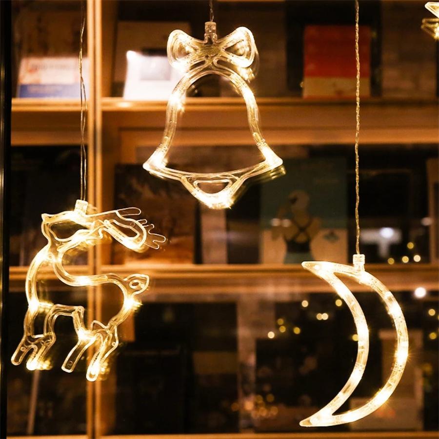 LED Christmas Lights with Suction Cups for Windows Hanging Christmas Lights with Bells Santa Claus Snowflakes for Home Shop Holiday Decor Year 2022