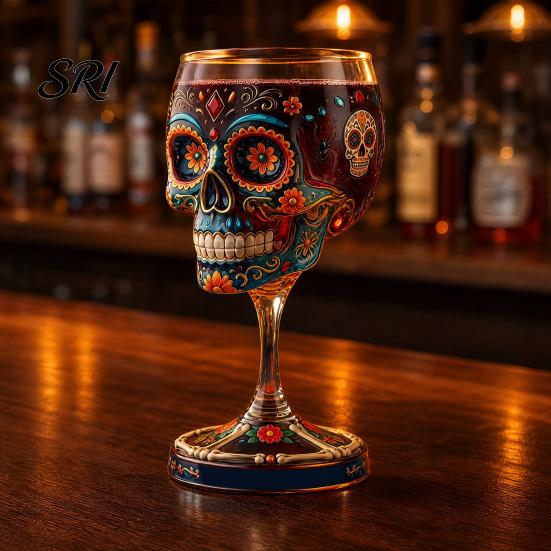 Skeleton Themed Wine Glass Gothic Skull Glass, Hand Painted Goblet, Day Art Glassware of The Dead Decor, Unique Bar Gift for Halloween Altar Accessory