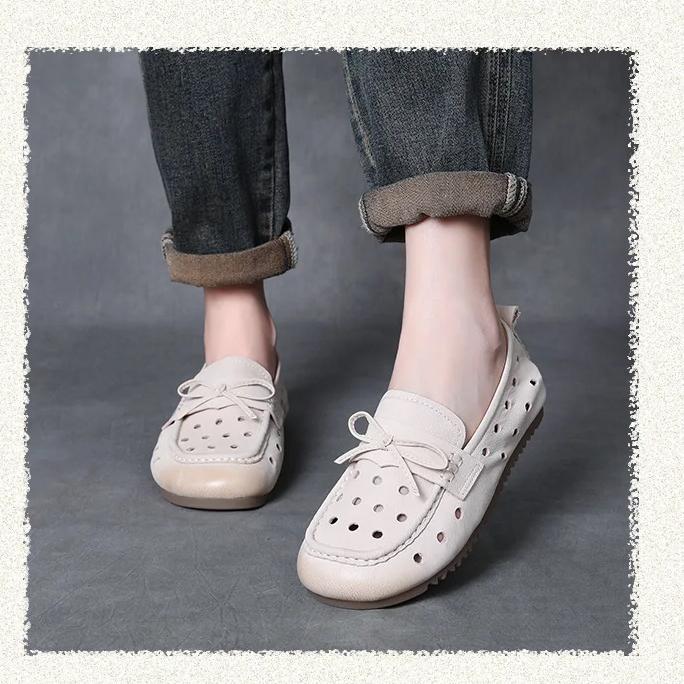 Johnature Genuine Leather Hollow-out Women's Slip-on Shoes Comfortable Casual Flat Breathable Sandals