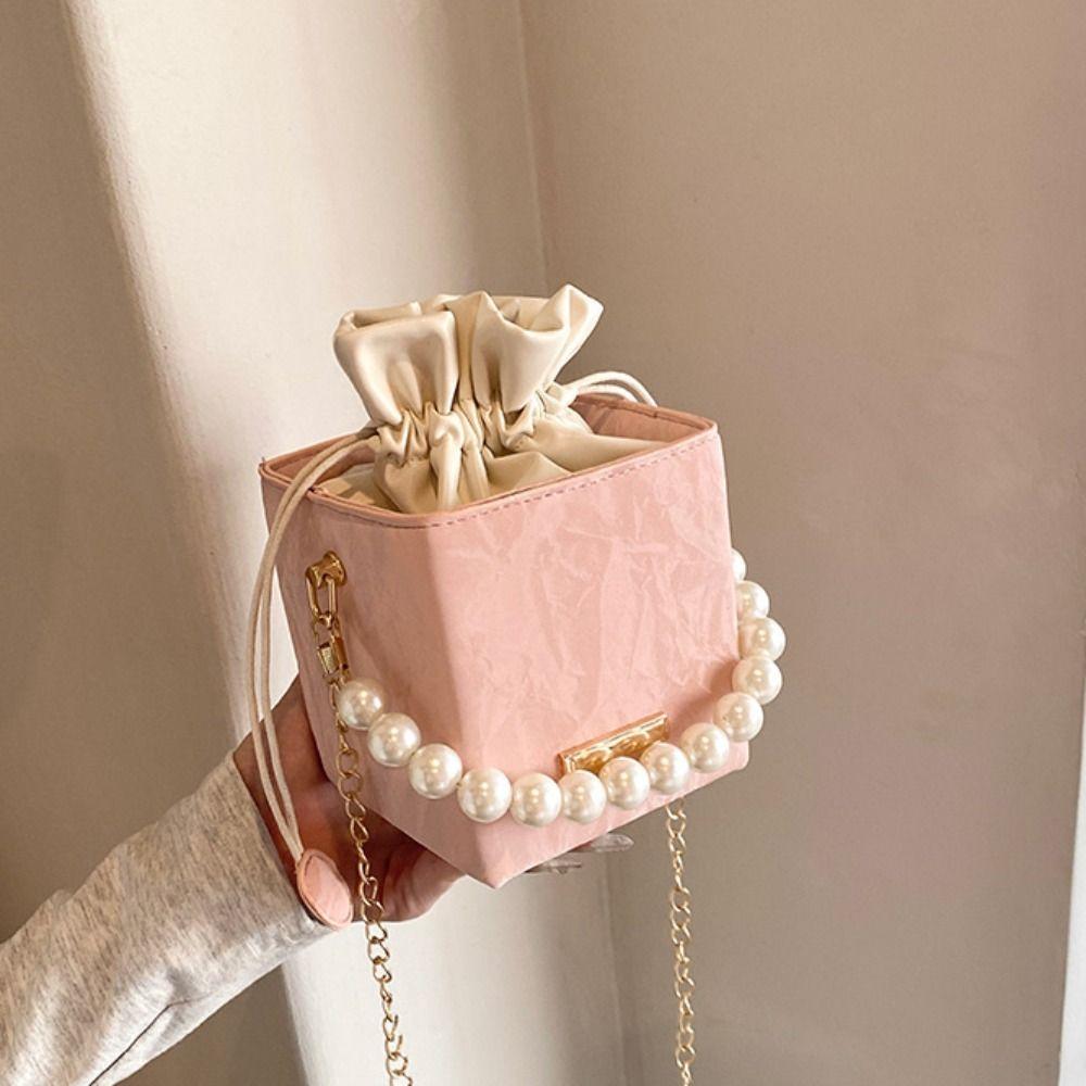 Pearl Drawstring Crossbody Bag Pu Leather Luxury Shoulder Bag Retro Women Bucket Bag  Lady