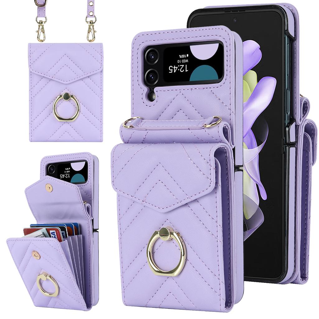 Fashion Leather Phone Case For Samsung Galaxy Z Flip 5 4 Z Flip 3 5G With Long Lanyard Crossbody Bag Wallet Holder Protect Cover