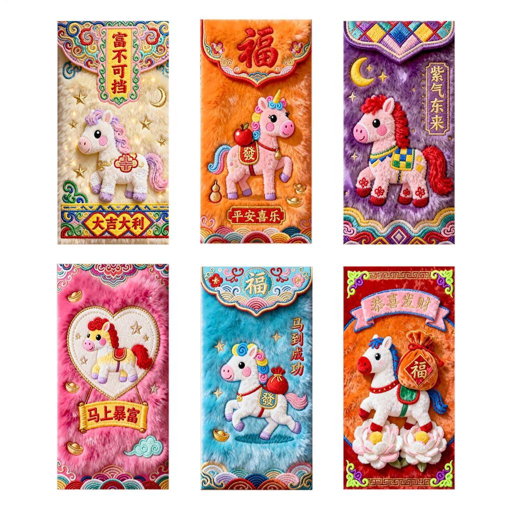 Chinese New Year Red Envelopes 6-Piece Cute New Year Auspicious 2026 Spring Festival Red Pocket For Cash For Spring Festival Tet