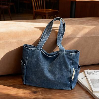 Stylowa Jeansowa Torba Tote dla Kobiet – Codzienna Torba na Ramię w Stylu Płóciennym z Bocznymi Kieszeniami i Wytrzymałym Designem, Idealna do Codziennego Użytku