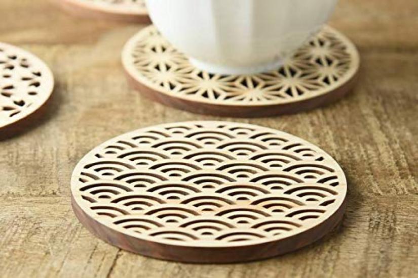 Yamani Brown Coaster, 8.8cm, Kumiko-style Hinoki (Japanese Cypress) Traditional Pattern, 47190253