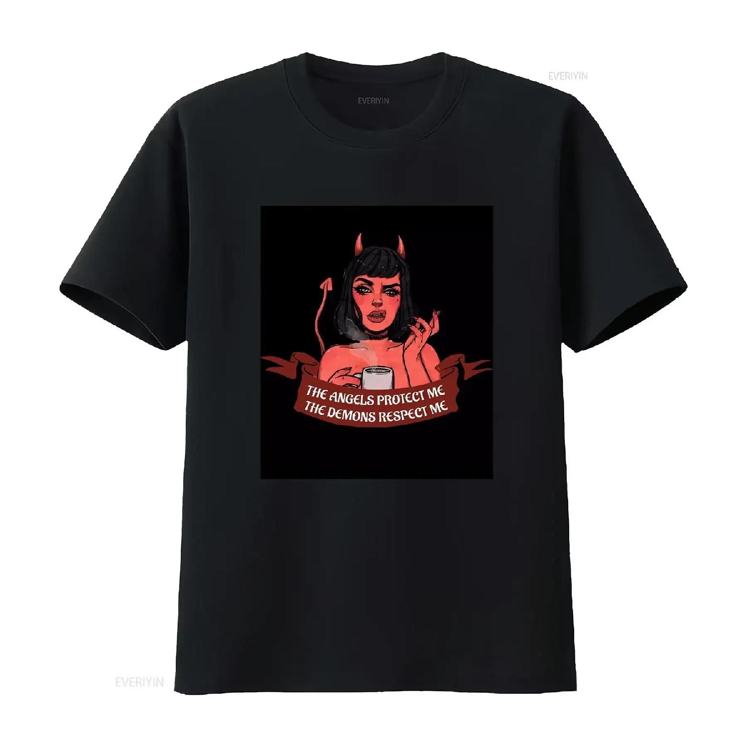 

Angels Protect Me Demons Respect T Shirt Baggy Boyfriend 2601 vintage Washed Versatile Casual Breathable Stretched homme Soft S чёрный
