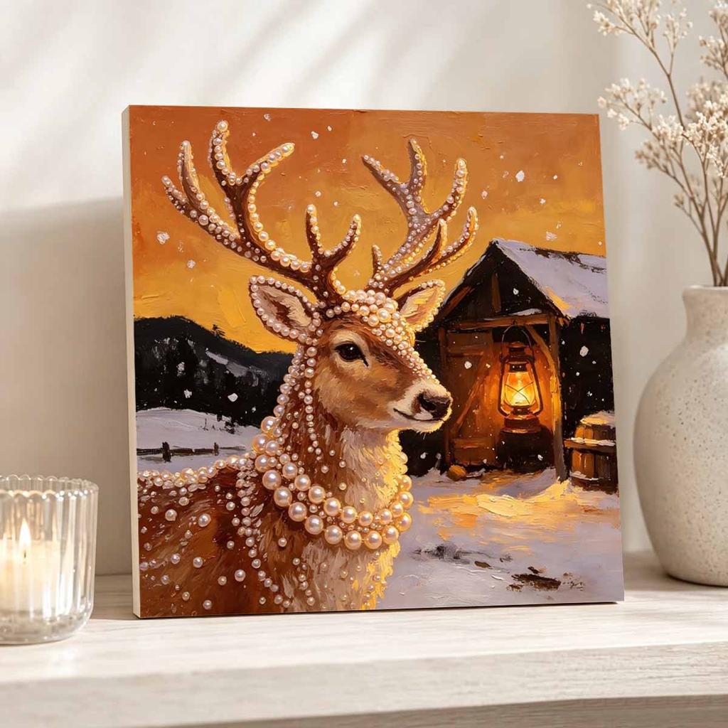 DIY Mini Framed Pearl Painting Kit Beads Winter Deer Lantern Canvas Home Decor Painting