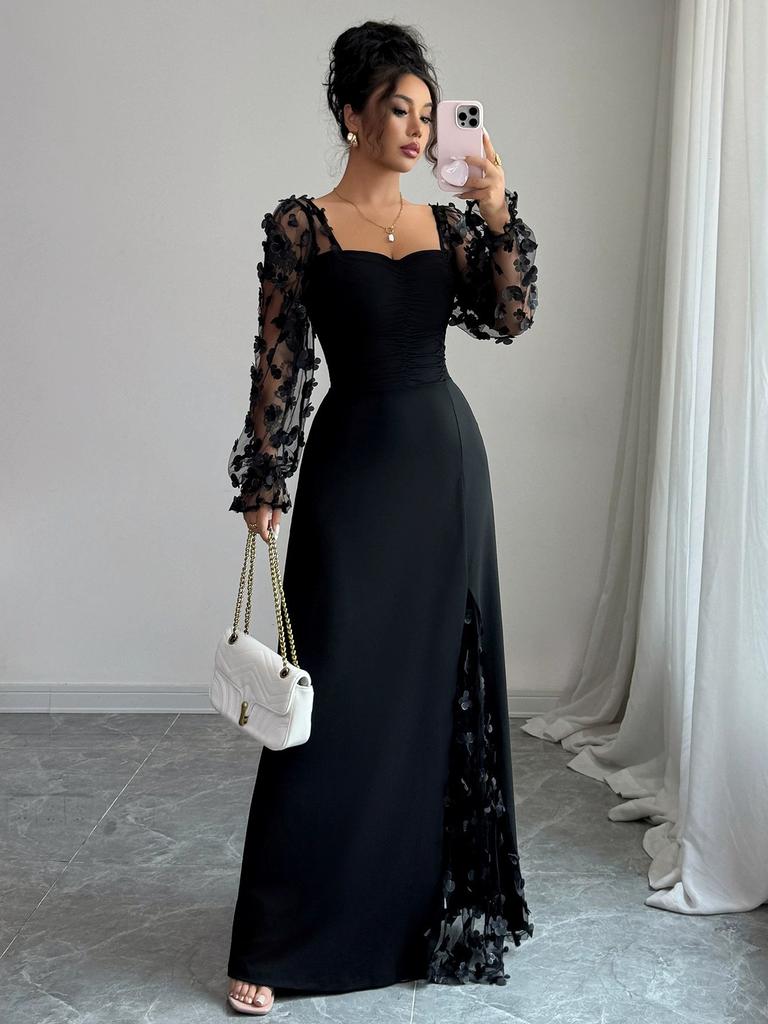Women's Elegant Square Neck Bubble Long Sleeve Mesh Insert Jacquard Maxi Dress 3D Slimming A-Line Swing Long Dress