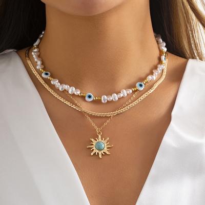 Collar Colgante Estilo Étnico Flor de Sol Turquesa, Collar Retro con Ojo de Perla de Imitación