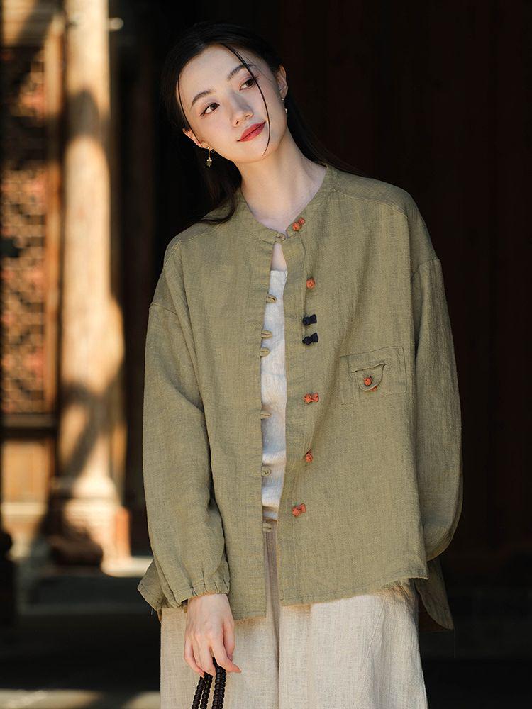 Women's Retro Cotton Linen Color Block Frog Button Cardigan Shirt