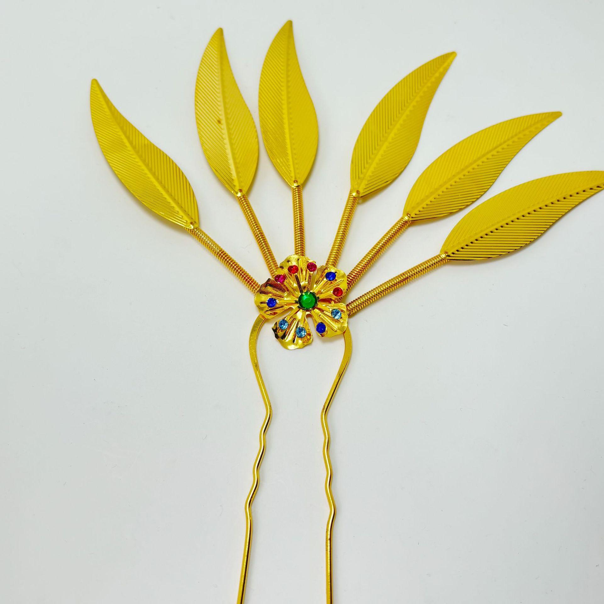 Palace style hair hairpin vintage Thai ethnic style hair hairclip leaf studded with crystal золотой